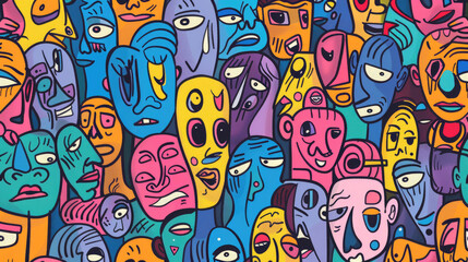 Fototapeta premium Expressive Hand-Drawn Faces in Colorful Doodle Pattern
