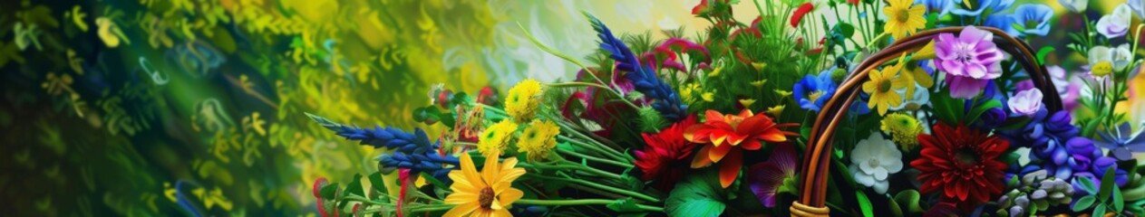 Colorful Flowers in a Basket in a Forest