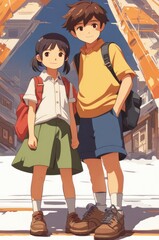 illustration of 2 school children in cartoon and anime style