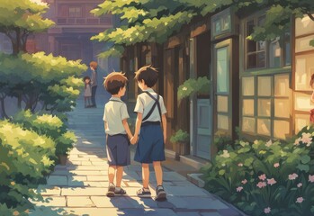 illustration of 2 school children in cartoon and anime style