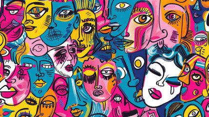Obraz premium Expressive Hand-Drawn Faces in Colorful Doodle Pattern