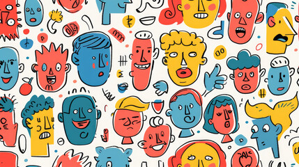 Expressive Hand-Drawn Faces in Colorful Doodle Pattern