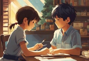 illustration of 2 school children in cartoon and anime style