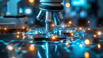 A close-up shot of a microscope lens in a laboratory setting, with blurred lights and a blue and yellow color scheme