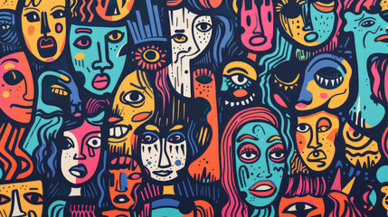 Expressive Hand-Drawn Faces in Colorful Doodle Pattern