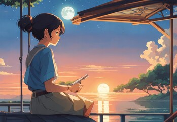 illustration of a lone person at night by moonlight in anime and cartoon style.