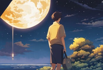 illustration of a lone person at night by moonlight in anime and cartoon style.