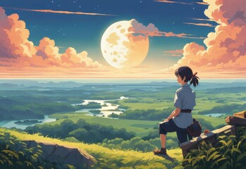 illustration of a lone person at night by moonlight in anime and cartoon style.