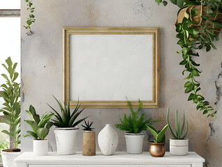 Empty frame mockup on a white table with plants