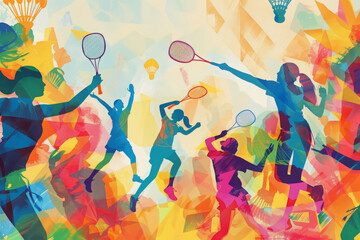 Abstract colorful illustration of badminton players. Ai generative art