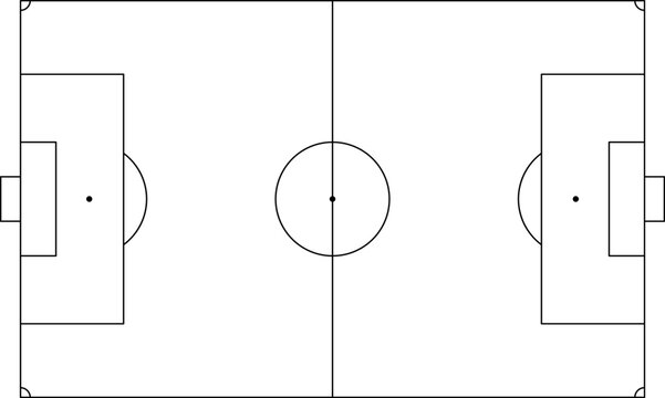 Football pitch. Soccer field line style. Black outline court and stadium scheme on white background. Football match, league scheme. Vector