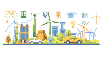 Green city with solar panels and wind turbines, environment and ecology concept in green concept, illustration