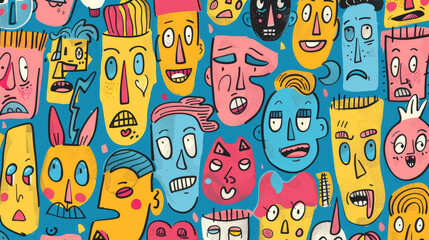 Expressive Hand-Drawn Faces in Colorful Doodle Pattern