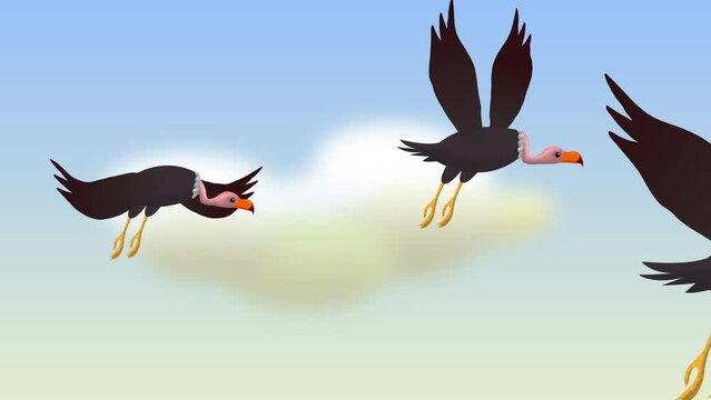 Flying vulture bird hunting for prey against a sky background 2d animation