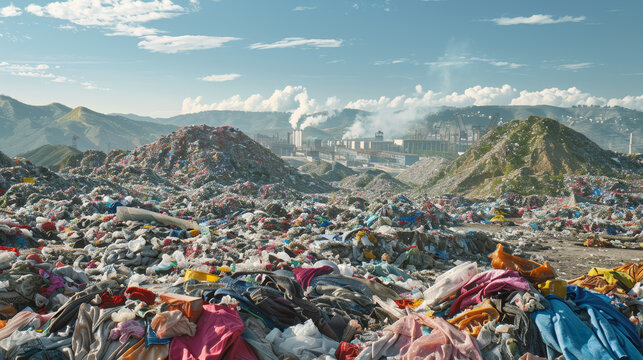 A mountain range is in the background of a landfill filled with trash
