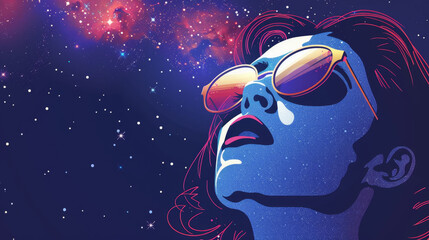 Fototapeta premium A woman with sunglasses is looking up at the stars