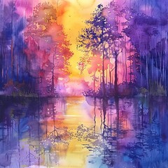 Enchanting Sunset Watercolor of a Forest Lake