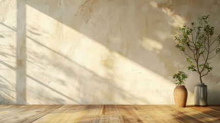 Wooden table in modern home interior with free space on the table for simulating product display. Furniture design ideas and home decoration