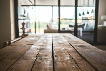 Rustic table in bright room with outdoor view, blurred decor in background