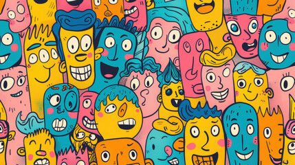 Colorful Happy Face Doodle Expressions Playful Hand-drawn Pattern