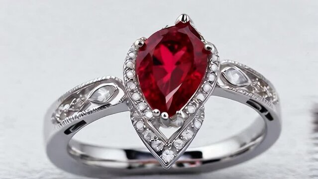 Silver ring with round topaz at the base, a pear shaped red ruby stone in the middle, jewel.