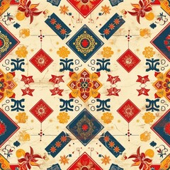 Design a seamless background with festive banners and Chinese New Year greetings, suitable for use as a repeating pattern, a seamless pattern