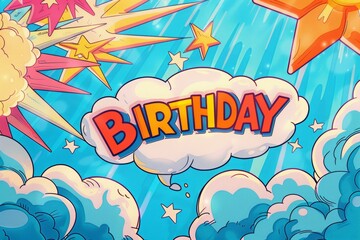 HAPPY BIRTHDAY in a comic speech bubble on a blue background with rays, in the pop art style, colorful cartoon vector illustration