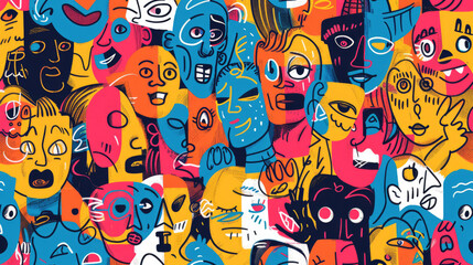 Colorful Happy Face Doodle Expressions Playful Hand-drawn Pattern