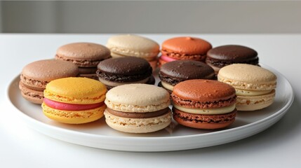 Obraz premium Macarons: A colorful assortment of macarons in various flavors arranged neatly on a white plate. 