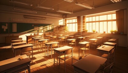 Classroom with afternoon sunlight streaming in, empty desks, anime style, interior wide shot