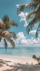 Fototapeta premium Tropical Beach Scene With Palm Trees and Blue Sky