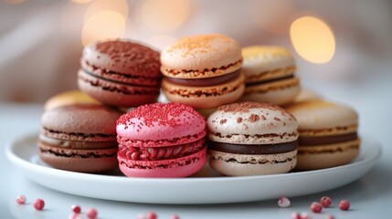 Obraz premium Macarons: A colorful assortment of macarons in various flavors arranged neatly on a white plate. 