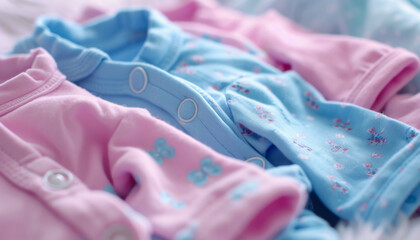 A row of baby clothes, including a blue and pink onesie, are displayed on a bed