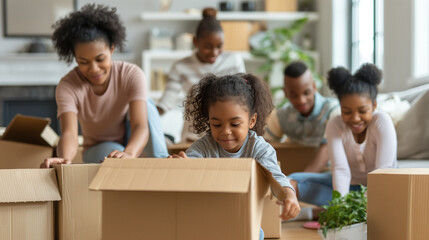 child african american Excited, laughing, playing in new house, having fun unpacking, black family moving concept