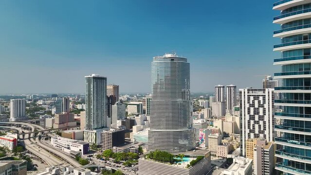 Urban landscape of downtown district of Miami Brickell in Florida, USA. Skyline with high skyscraper buildings in modern American megapolis