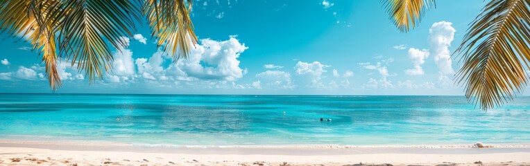 Fototapeta premium Palm Trees Frame Turquoise Water on a Sunny Tropical Beach
