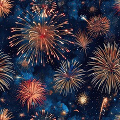 Create a seamless background of celebratory fireworks in a night sky, designed to tile perfectly without visible seams, a seamless pattern