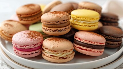 Macarons: A colorful assortment of macarons in various flavors arranged neatly on a white plate. 