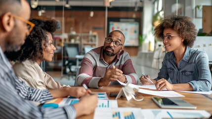 A talented team holds business meetings and discusses strategy with the project's financial analysis process. Businessman planning marketing plan with documents in office, teamwork