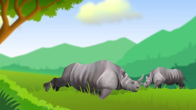 one horned rhino eating grass at forest kaziranga national park 2d animation	
