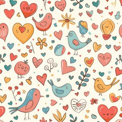 Create a seamless background of love-themed doodles and cute illustrations, designed to tile perfectly without visible seams, a seamless pattern
