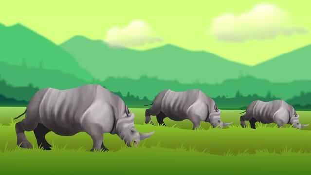 one horned rhino eating grass camera panning shot
