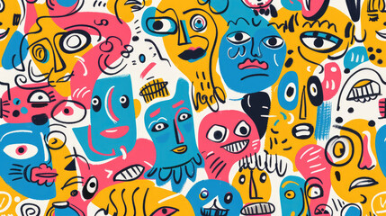Colorful Happy Face Doodle Expressions Playful Hand-drawn Pattern