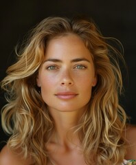Naklejka premium Blonde Woman With Shoulder Length Wavy Hair Posing in Front of a Black Background