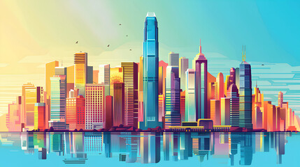 Skyline of a vibrant business district with iconic architectural landmarks