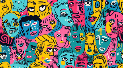 Colorful Happy Face Doodle Expressions Playful Hand-drawn Pattern