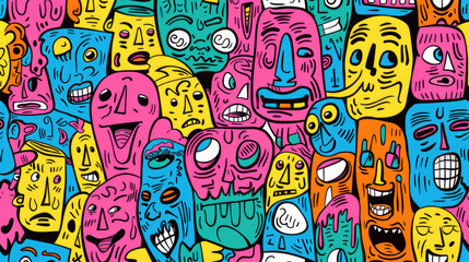 Fototapeta premium Colorful Happy Face Doodle Expressions Playful Hand-drawn Pattern
