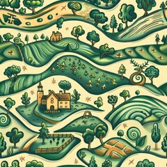 Design a seamless background with Irish countryside and Celtic symbols, suitable for use as a repeating pattern, a seamless pattern