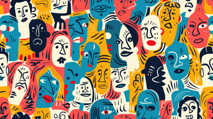 Colorful Happy Face Doodle Expressions Playful Hand-drawn Pattern