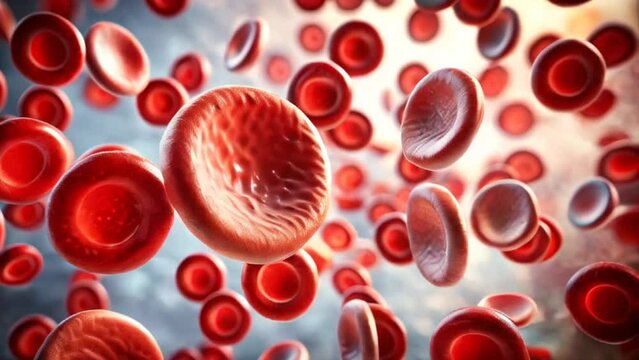 Macro blood, close-up of red blood cells molecules floating in the body. Molecular biology and medicine concept